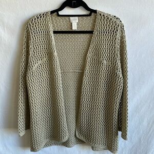 Chico’s tan open front sweater with interwoven gold metallic thread, size 2/M